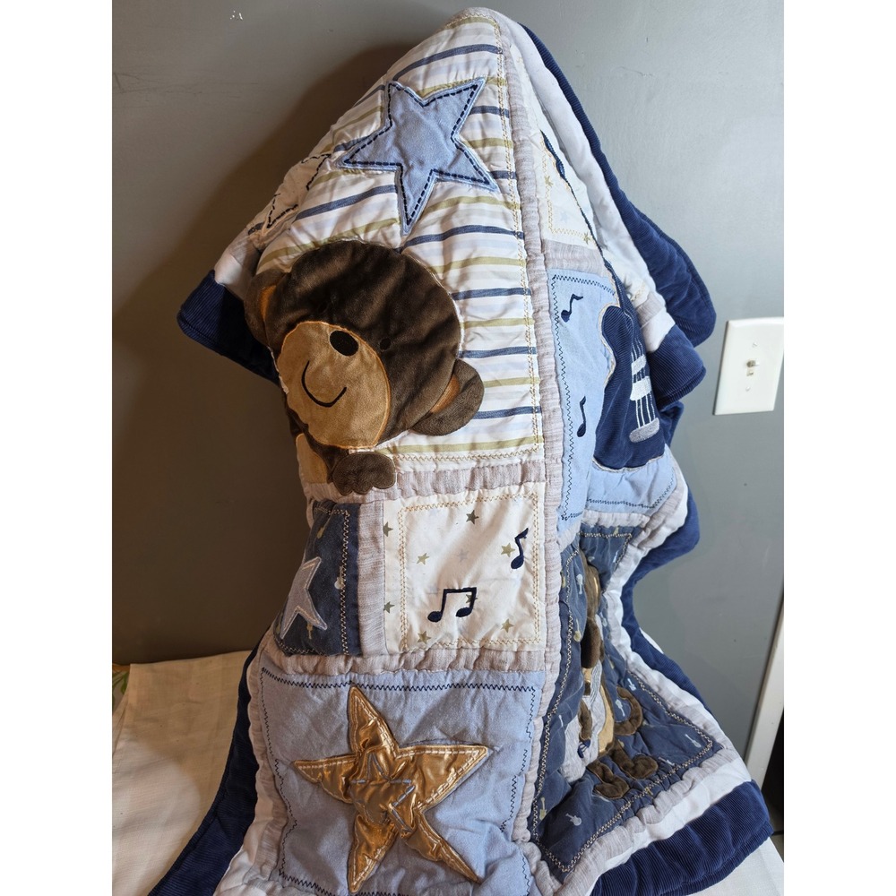Carters Blue Patchwork Musical Monkey Baby Quilt Blanket Stars 32x40
